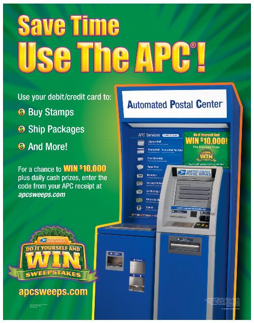 Save Time Use The APC! Use your debit/credit card to buy stamps, ship packages, and more! For a chance to win $10,000 plus daily cash prizes, enter the code from your APC receipt at apcsweeps.com.