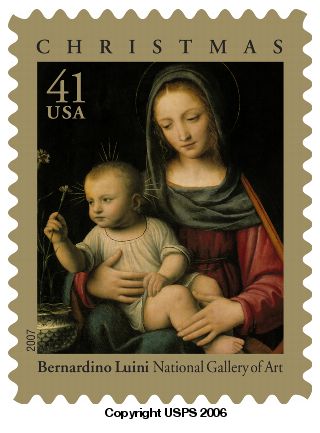 Christmas:The Madonna of the Carnation by Bernardino Luini 41-cent stamp.