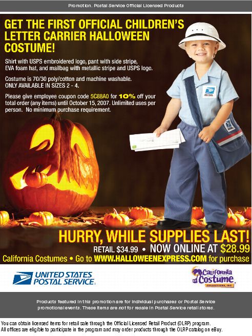 Promotion. Get the first official children's letter carrier halloween costume. California Costumes. Go to www.halloweenexpres.com for purchase.