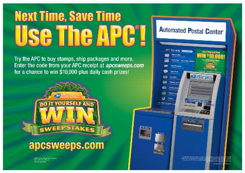 PB 22217 Back Cover. Next Time, Save Time. Use the APC! Try the APC to buy stamps, ship packages and more. Enter the code from you APC receipt at apcsweeps.com for a chance to win $10,000 plus daily cash prizes!