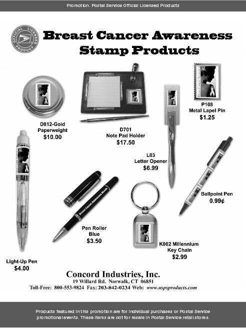 Promotion. Breast Cancer Awareness Stamp Products. Concord Industries, Inc. Toll-free: 800-553-9824. Fax: 203-842-0234. Web: www.uspsproducts.com.
