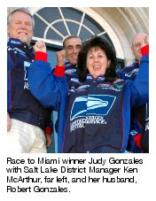 Race to Miami winner Judy Gonzales with Salt Lake District Manager Ken McArthur, far left, and her husband, Robert Gonzales.