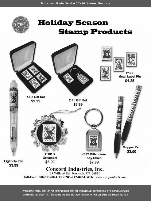 Promotion. Holiday Seasohn Stamp Products. Concord Industries, Inc. Toll-free: 800-553-9824. Fax: 203-842-0234. Web: www.uspsproducts.com.