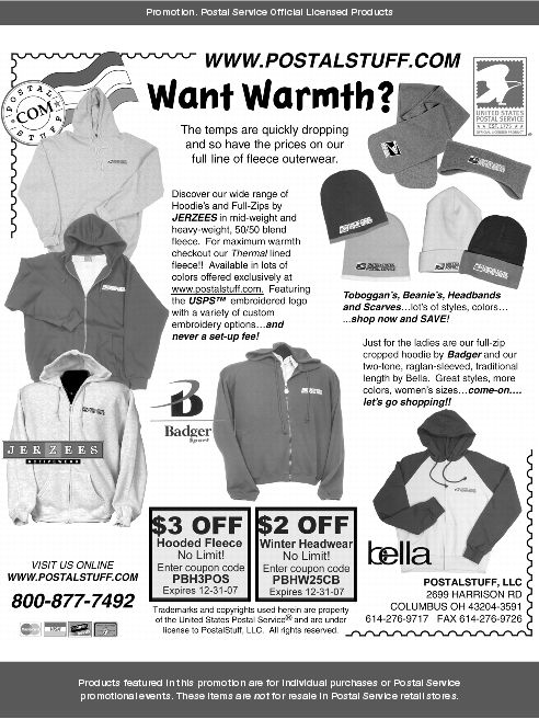 Promotion. Want Warmth? Visit us online www.postalstuff.com. Call: 800-877-7492.