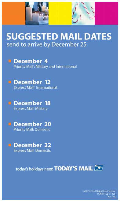 Suggested Mail Dates: Send to arrive by Dec. 25. Dec. 4, Priority Mail: Military & International. Dec. 12, Express Mail: International. Dec. 18, Express Mail: Military. Dec. 20, Priority Mail: Domestic. Dec. 22, Express Mail: Domestic. Today's holidays need today's mail. usps.com.