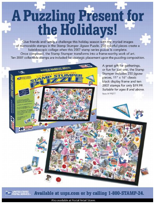 A puzzling present for the holidays! Available at usps.com or by calling 1-800-stamp-24. Also available at Postal Retail Stores.