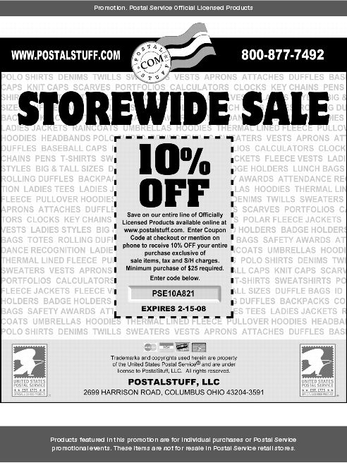 Promotion: Storewide Sale. PostalStuff, LLC. Web: www.postalstuff.com. Phone: 800-877-7492.