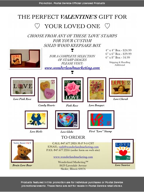 Promotion: The perfect valentine's gift for your loved one. choose from any of these love stamps for your custom solid wood keepsake box. Call: 847-677-2025. Online: www.wonderlandmarketing.com.