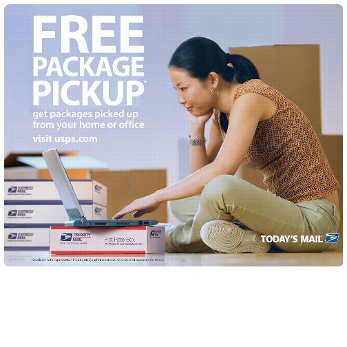 Free package pickup*. Get packages picked up from your home or office. Visit usps.com. Today’s Mail. *Available with Express Mail; Priority Mail; and International services. Visit usps.com for terms.