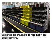 Expandable stackers for delivery barcode sorters.