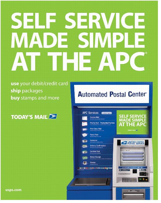 Self service made simple at the APC. Use your debit/credit card. Ship packages. Buy stamps and more. Today's Mail. usps.com.