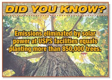 Did you know? Emissions eliminated by solar power at USPS facilities equals planting more than 850,000 trees.