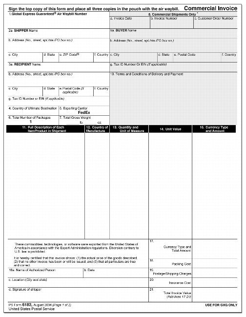 PS Form 6182, Commercial Invoice