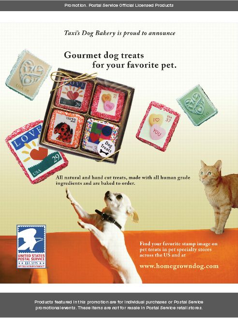 Taxi's Dog Bakery is proud to announce gourmet dog treats for your favorite pet. Find your favorite stamp image on pet treats in pet specialty stores across the US and at www.homegrowndog.com.