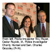 From left, Postal Inspector Troy Raper, Cedar Rapids, IA, Police Investigator Charity Hansel and Sen. Charles Grassley (P-IA).