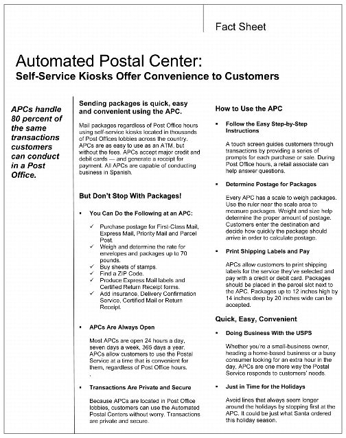 Fact Sheet: Automated Postal Center