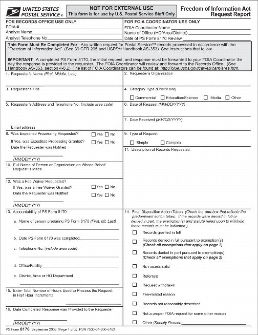 PS Form 8170, Freedom of Information Act Request Report (page 1 of 3)