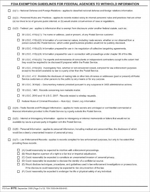 PS Form 8170, Freedom of Information Act Request Report (page 2 of 3)