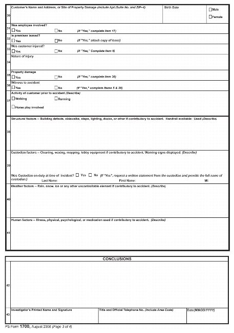 PS Form 1700, Accident Investigation Worksheet - page 3 of 4.