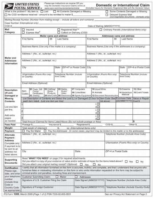 PS Form 1000, Domestic or International Claim (page 1 of 2)