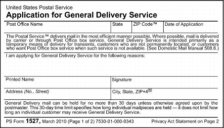 PS Form 1527, Application for General Delivery Service (page 1 of 2)