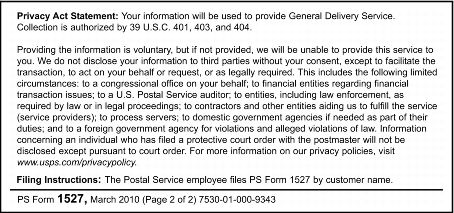PS Form 1527, Application for General Delivery Service (page 2 of 2)