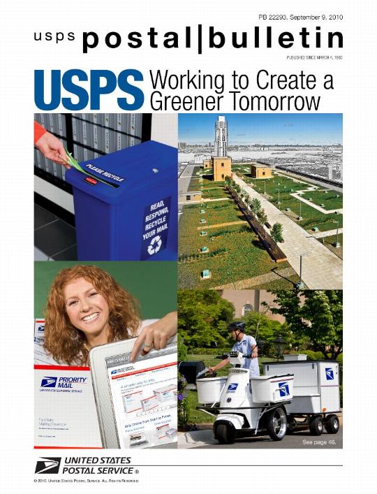 PB 22293 - 9-9-10 - Front Cover - USPS Working to Create a Greener Tomorrow