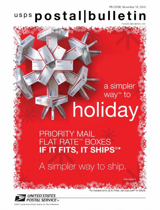 PB 22298 - Front Cover - a simpler way to holiday - PRIORITY MAIL FLAT RATE BOXES IF IT FITS, IT SHIPS* - A simpler way to ship. *For mailable items up to 70 lbs. visit usps.com for details.