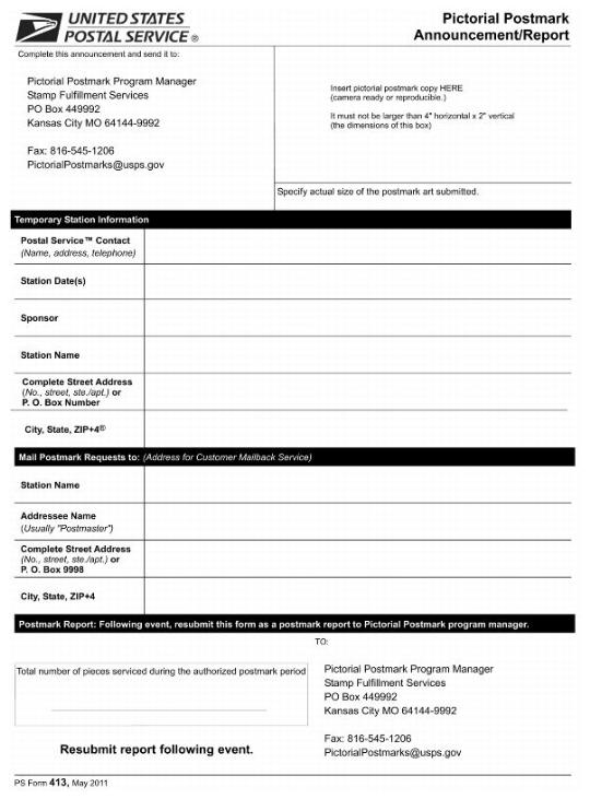 PS Form 413, May 2011, Pictorial Postmark Announcement/Report