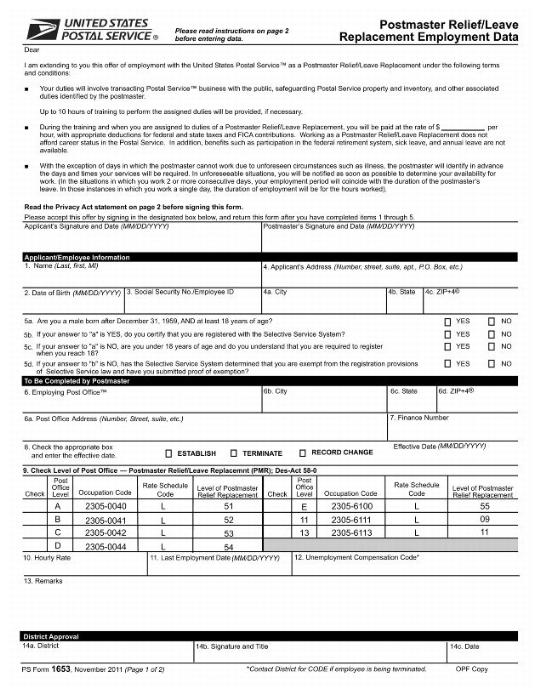 PS Form 1653, Postmaster Relief/Leave Replacement Employment Data, page 1