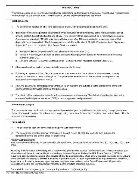 PS Form 1653, Postmaster Relief/Leave Replacement Employment Data, page 2