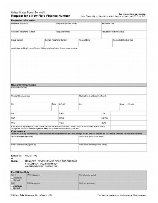 PS Form 8A, Request for a New Field Finance Number page 1