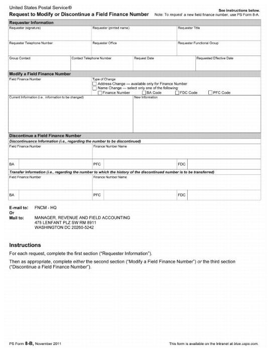 PS Form 8B, Request to Modify or Discontinue a Field Finance Number