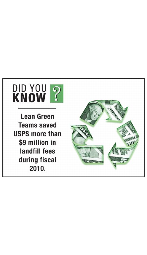 DID YOU KNOW? Lean Green Teams saved USPS more than $9 million in landfill fees during discal 2010.