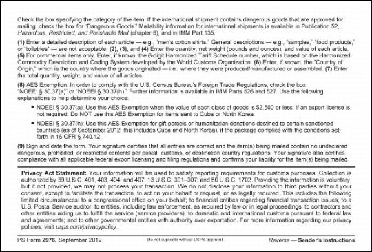 PS form 2976, Customs Declaration CN 22 - Sender's Declaration, (Sender's Instructions - Front and Reverse)