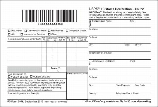 PS form 2976, Customs Declaration CN 22 - Sender's Declaration, (Copy 1 and Copy 2)