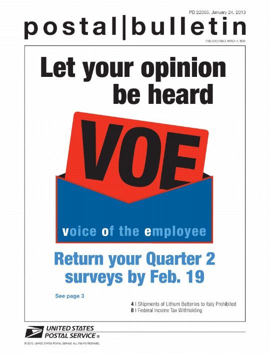 PB 22355, January 24, 2013 - Front Cover - Let your opinion be heard, VOE, voice of the employee, Return your Quarter 2 surveys by February 19, 2013 see page 3.