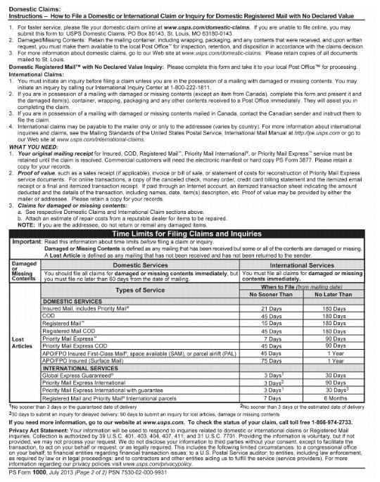 PS Form 1000, Domestic and International Claim (page 2 of 2)