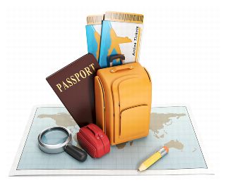 graphic of passport, suitcase and miscellaneous items