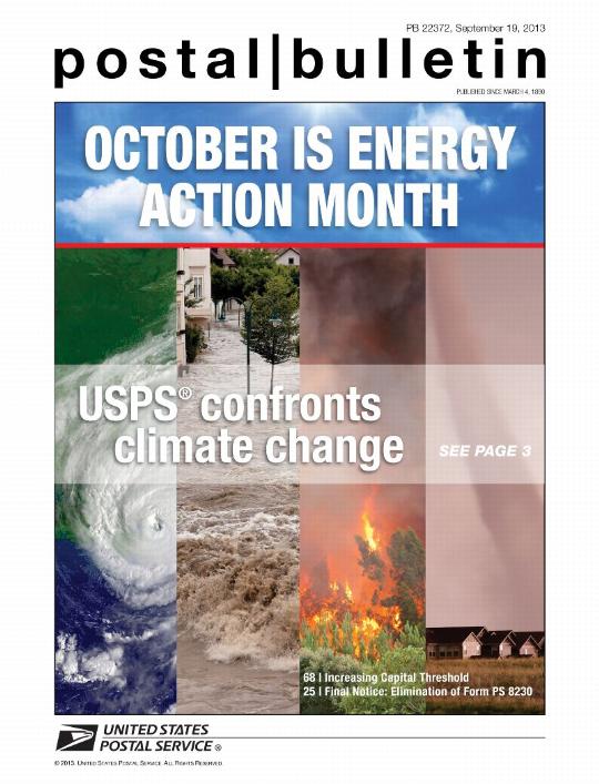 Postal Bulletin 22372, September 19, 2013 - Front Cover- OCTOBER IS ENERGY ACTION MONTH, USPS confronts climate change see page 3