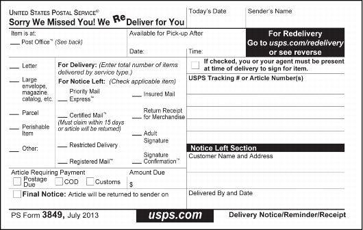 PS Form 3849, Delivery Notice/Reminder/Receipt (page 1 of 2)