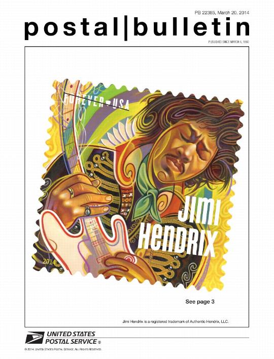 Postal Bulletin Front Cover - PB 22385, March 20, 2014 - Jimi Hendrix see page 3