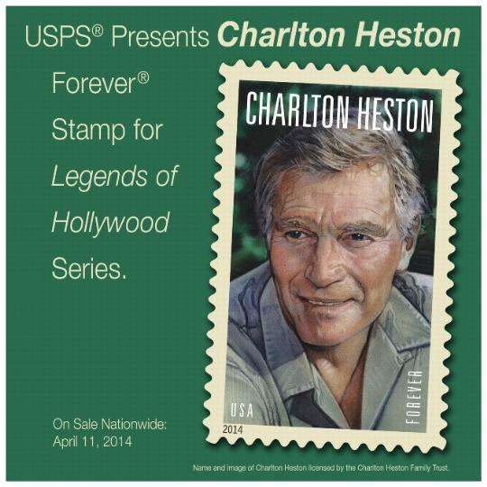 USPS presents Charlton Heston Forever Stamp for Legends of Holywood Series.