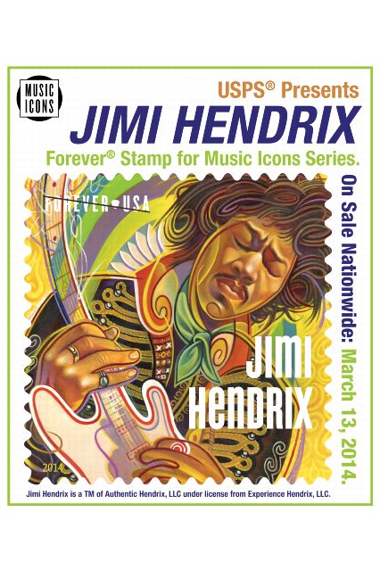 USPS Presents JIMI HENDRIX Forever Stamp for Music Icons Series. On Sale Nationwide: March 13, 2014