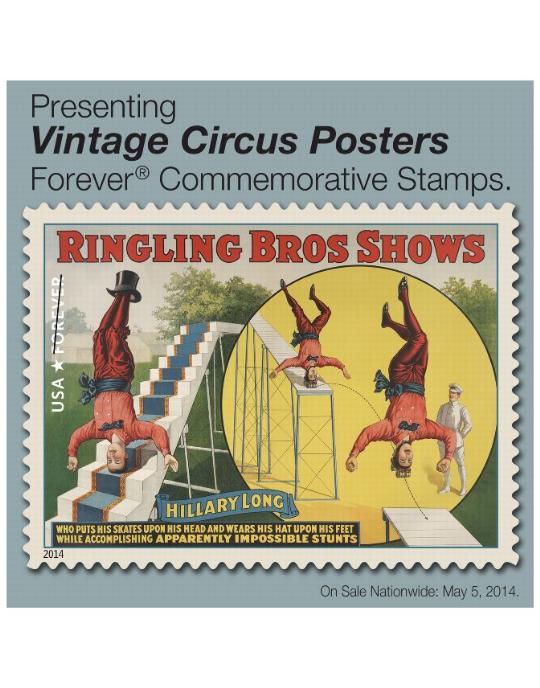 Presenting Vintage Circus Postaers Forever Commemorative Stamps. On Sale Nationwide: May 5, 2014.
