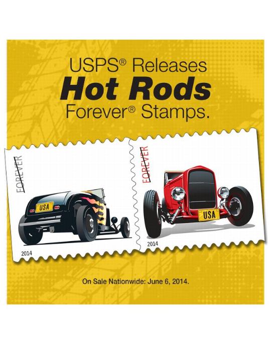 USPS Releases Hot Rods Forever Stamps. On Sale Nationwide: June 6, 2014.