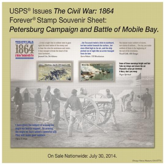 PB 22396, August 21, 2014 - back cover, USPS Issues The Civil War: 1864 Forever Stamp Souvenir Sheet: Petersbur Campaign and Battle of Mobile Bay.