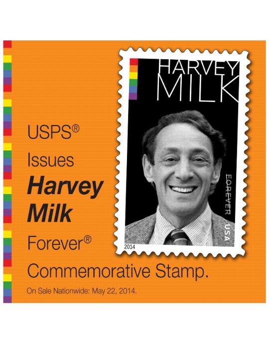 USPS Issues Harvey Milk Forever Commemorative Stamp. On Sale Nationwide: May 22, 2014.