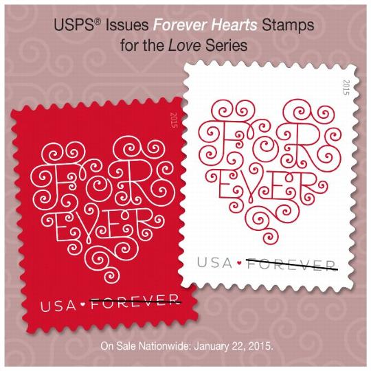 USPS Issues Forever Hearts Stamps for the Love Series. On Sale Nationwide: January 22, 2015.