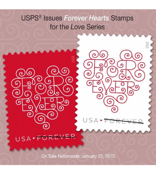 Postal Bulletin 22409, February 19, 2015 - USPS Issues Forever Hearts Stamps for the Love Series. On Sale Nationwide: January 22, 2015.